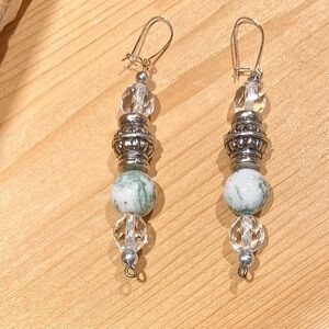 Earrings - Silver and Clear Crystal Beads and Moss Green & White Colored Beads